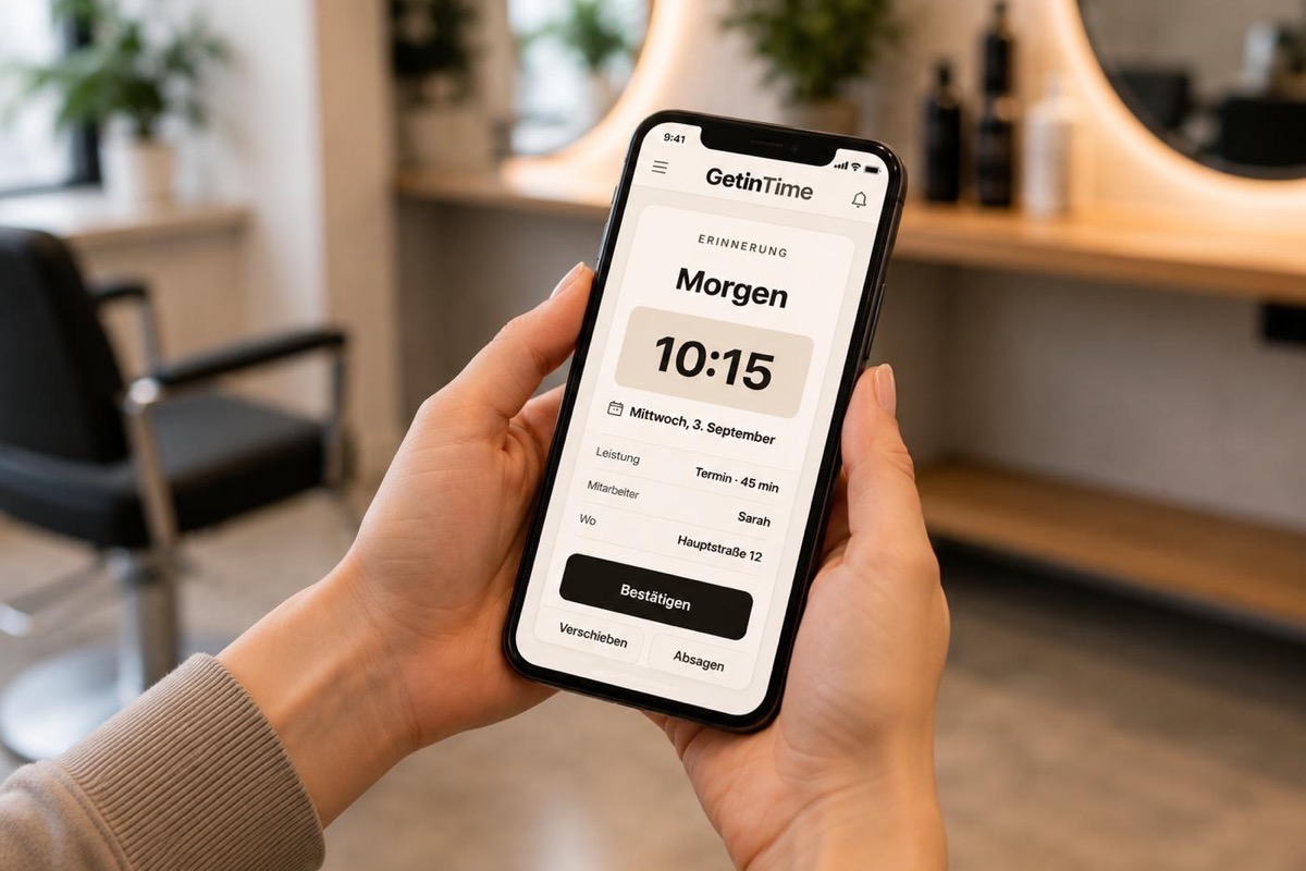 Hände halten ein Smartphone, darauf eine GetinTime-Erinnerung an den Termin am nächsten Tag mit Knöpfen zum Bestätigen, Verschieben und Absagen