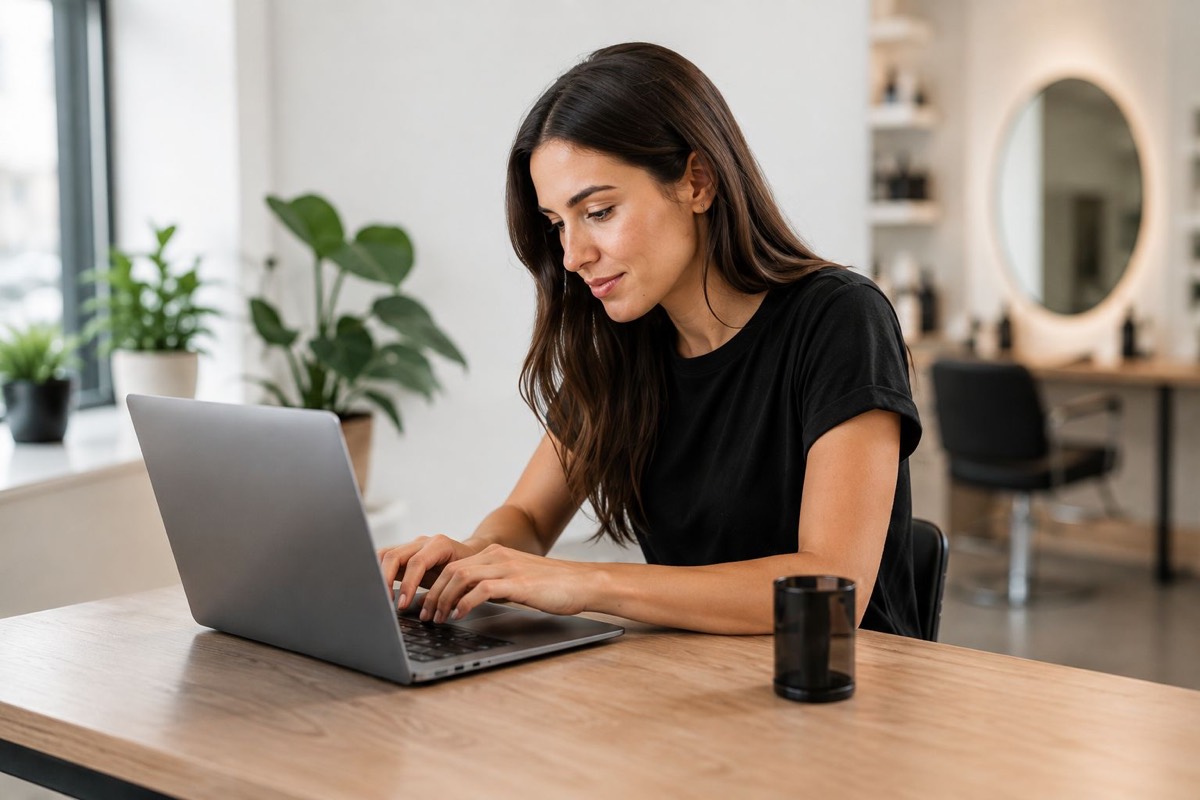 Inhaberin sitzt mit dem Laptop am Tresen und pflegt ihre Termine